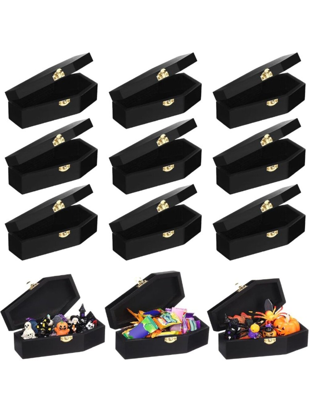 9 Pcs Mini Unfinished Black Wood Coffin Box Set - 6 Inch Decorative Storage
